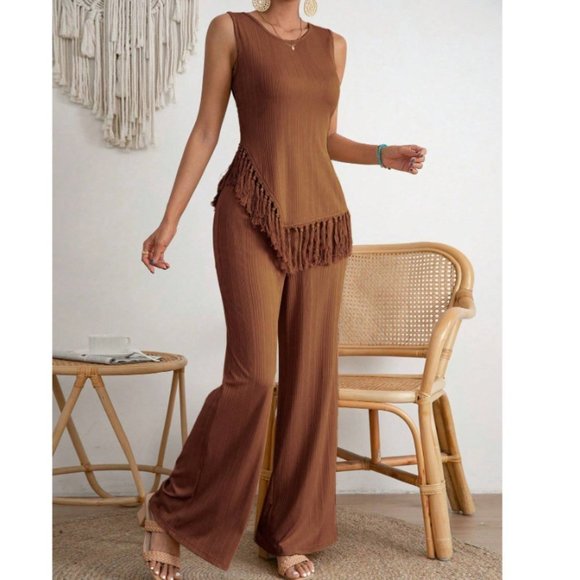 . Tops - Brown Boho Womens Fringe Hem Tank Top & Wide Leg Pants